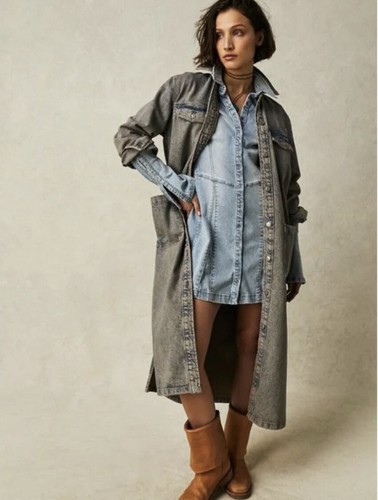 

Джинсовое платье макси Free People Anna Lou Duster с пуговицами, синее, серое, , НОВИНКА, Blue gray, We the free anna lou denim duster