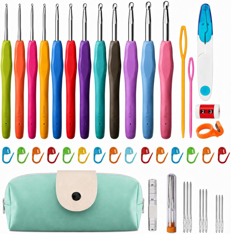 44 Pack Ergonomic Soft TPR Grip Crochet Hook Set | Complete Knitting Accessories