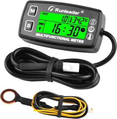 Digital Hour Meter Tachometer Tach Engine Temp Gauge Alert RPM &Temp Waterproof