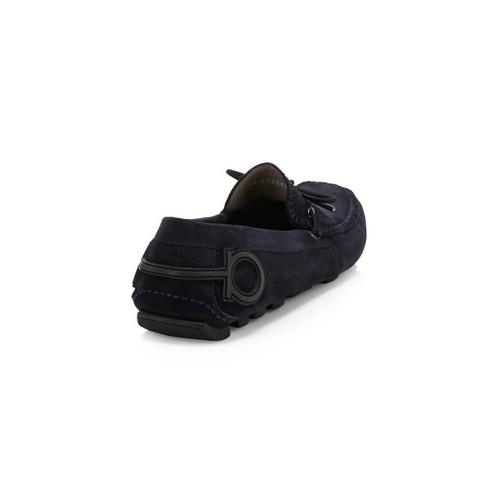 Pre-owned Ferragamo 100% Authentic Salvatore  Atlante Suede Drivers With Gancini Heel 10e In Blue