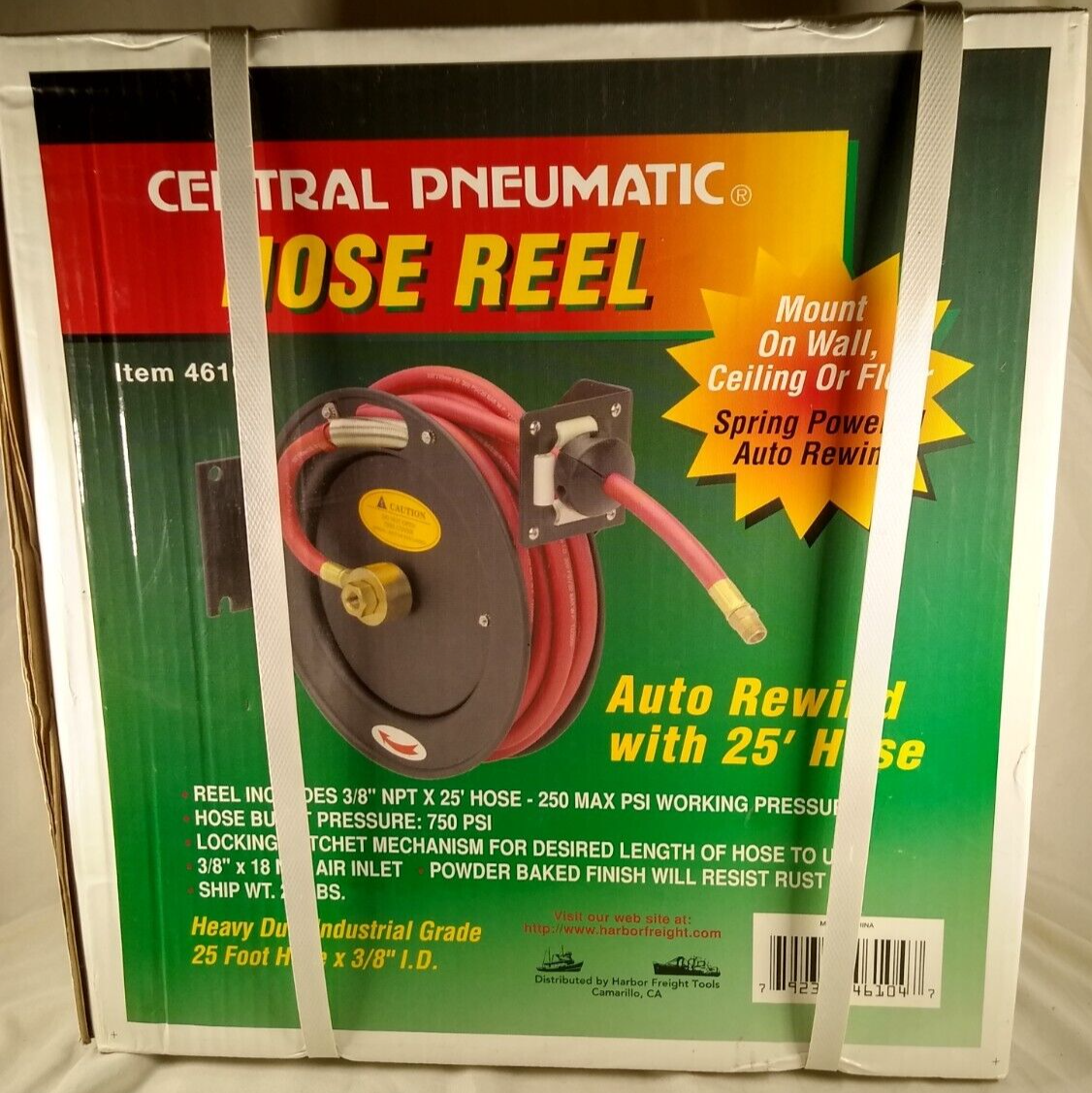 3/8" X 25' Auto Rewind Retractable Air HOSE REEL 250 PSI Rubber Hose 18 NPT Inle