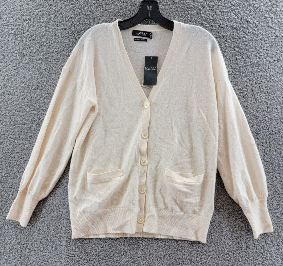 LAUREN RALPH LAUREN Cashmere V-Neck Cardigan Sweater Women's S Winter Cream L/S~ - Picture 2 of 12