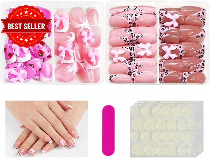 96 Pcs Kids Press on Nails, 4 Styles 3D Bow Strawberry Leopard Print French Tip,