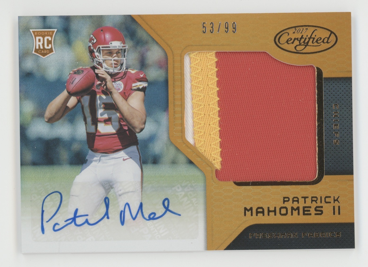 2017 Panini Certified Orange #207 Patrick Mahomes II 53/99 Auto Patch RC Rookie
