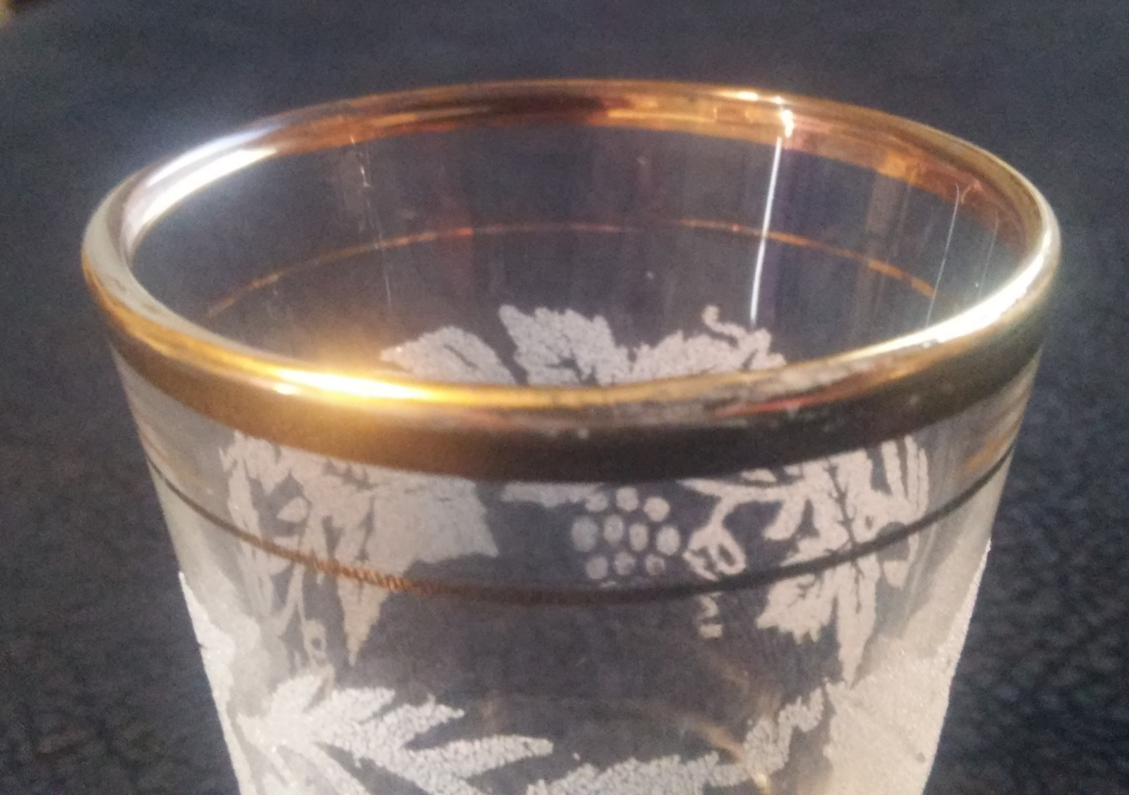 Beautiful Etched Leaves Shot Glass with Gold Rim 2 7/16