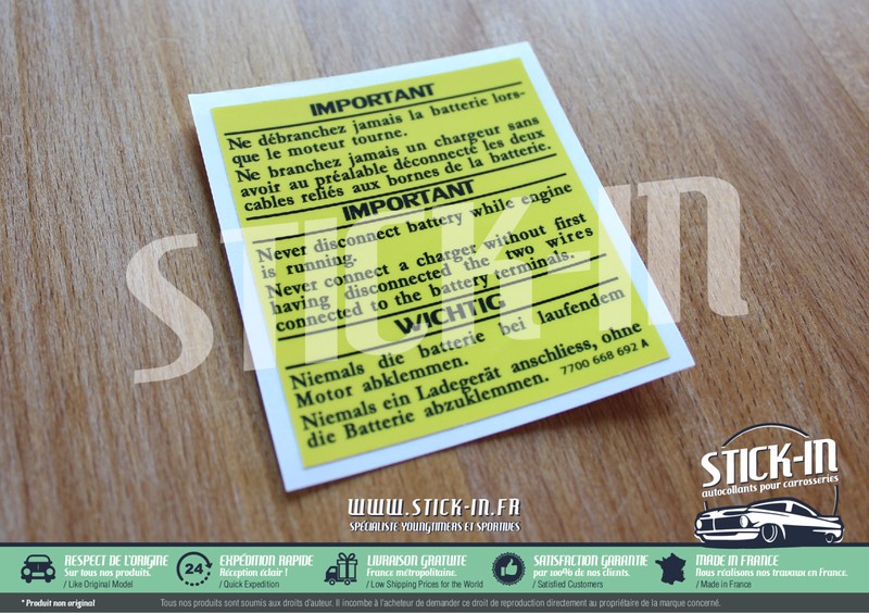 Autocollant Stickers Renault Important Batterie R5 Gt Turbo 5 Alpine R21 19 25