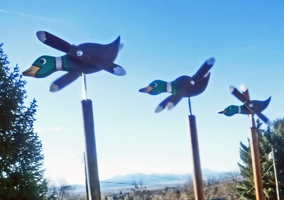 NEW! 3 WHIRLY BIRDYS Duck Family Wind Spinner Handcrafted Folk Art Wood S-M-L