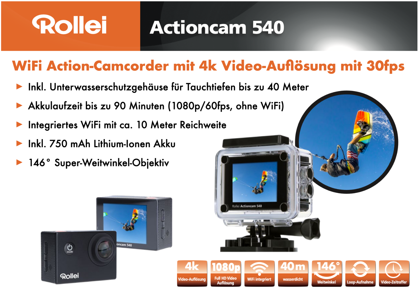 ROLLEI ActionCam 540 (4K/30fps, 2,7K/30fps, Full HD) + Zubehrpaket