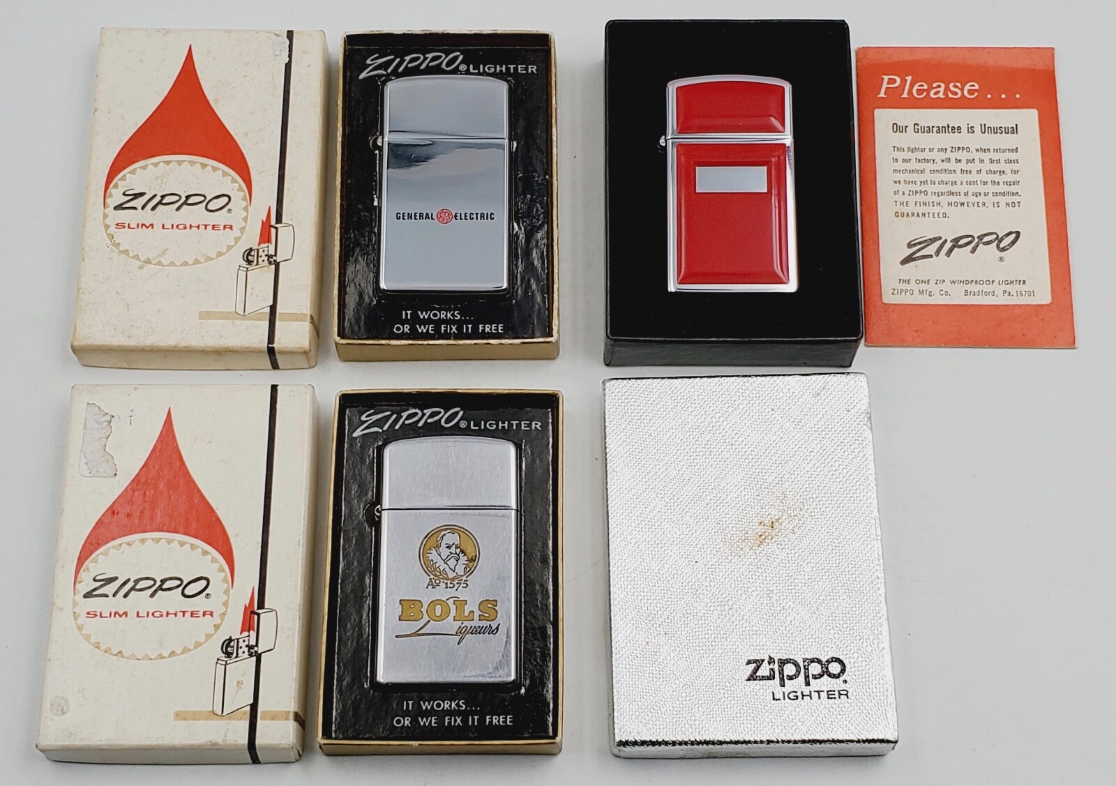 3) Zippo Slim Lighters General Electric / Bols / 1977 Red in Original