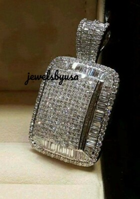 Pre-owned Nsg 2.5ct Baguette Cubic Zirconia Mens Fully Filed Dog Tag Pendant Free Stud In White