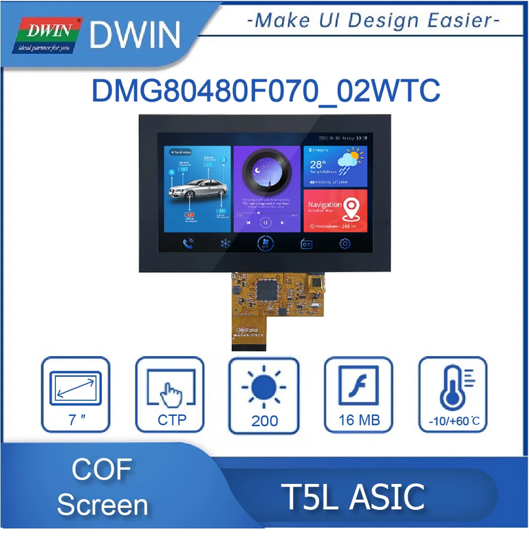 7.0-inch, 800*480 Pixels Resolution, 262K Colors, TN ,COF Structure DMG80480F0