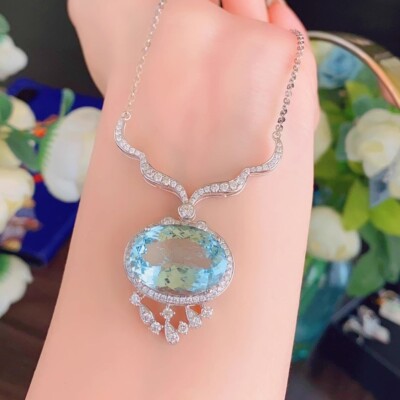 New Big Oval Blue Topaz Gemstone Charm Silver Women Girl Necklace Pendant