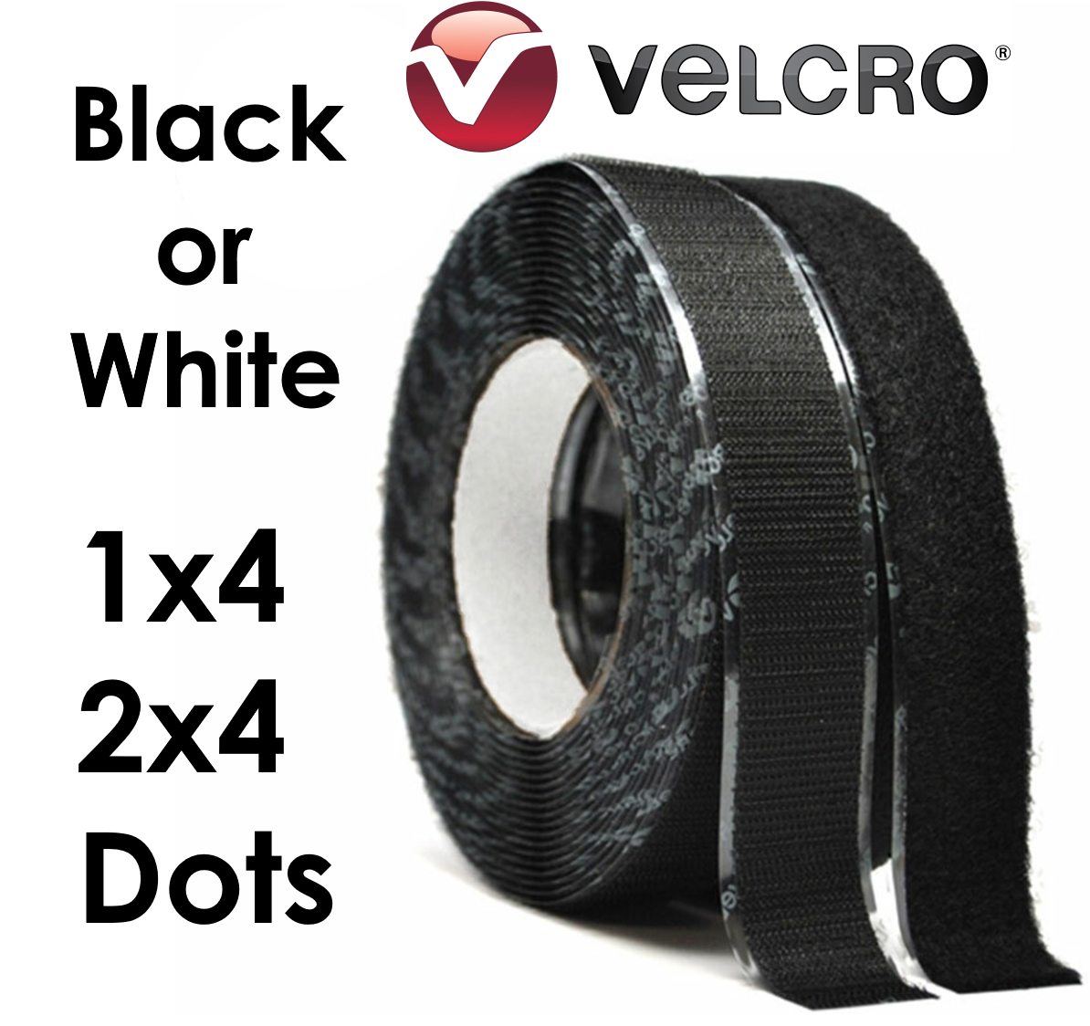 VELCRO® Self Adhesive Hook and Loop Strip Black White Heavy Duty 1" x 2", 4" Dot