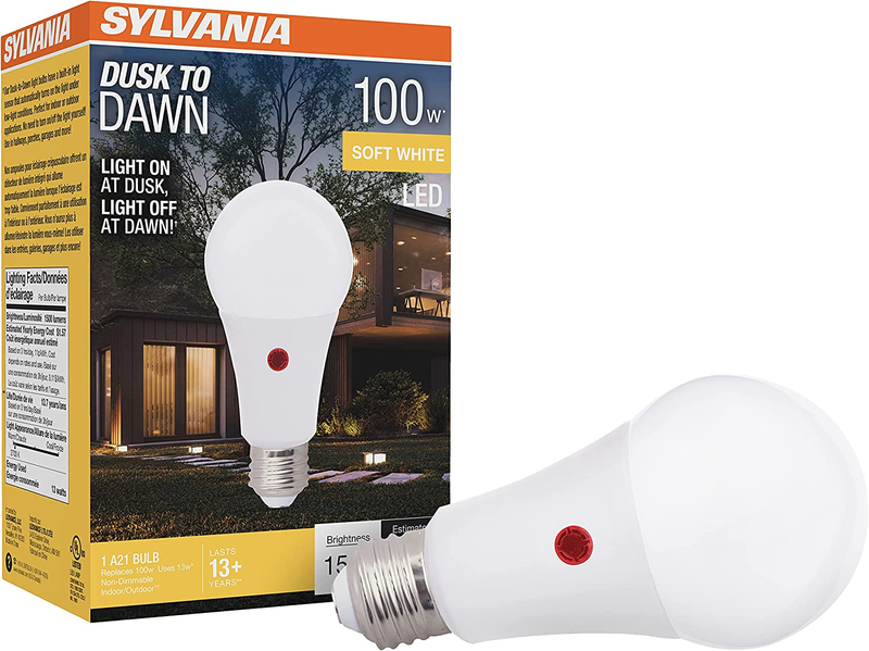 SYLVANIA Dusk to Dawn A21 LED Light Bulb with Auto On/Off Light Sensor, 100W=13W