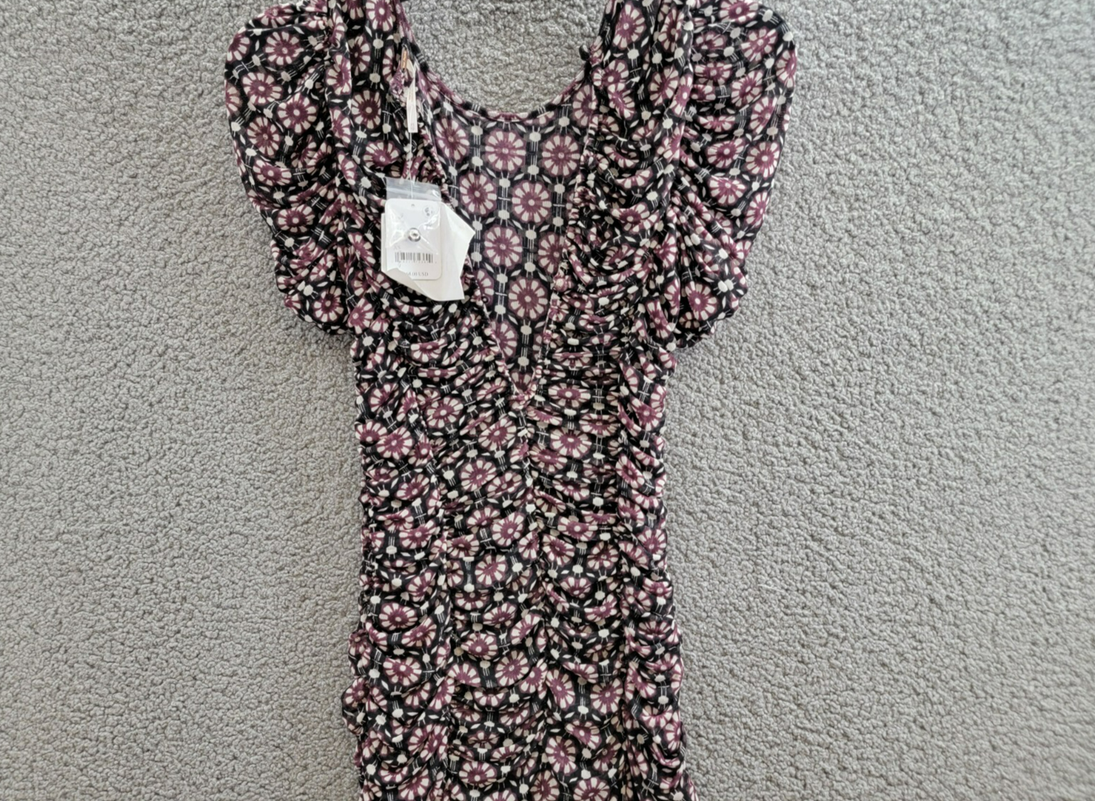 Free People Briella Printed Ruched Midi Dress Women's XS Black Combo Button Back - Picture 12 of 18