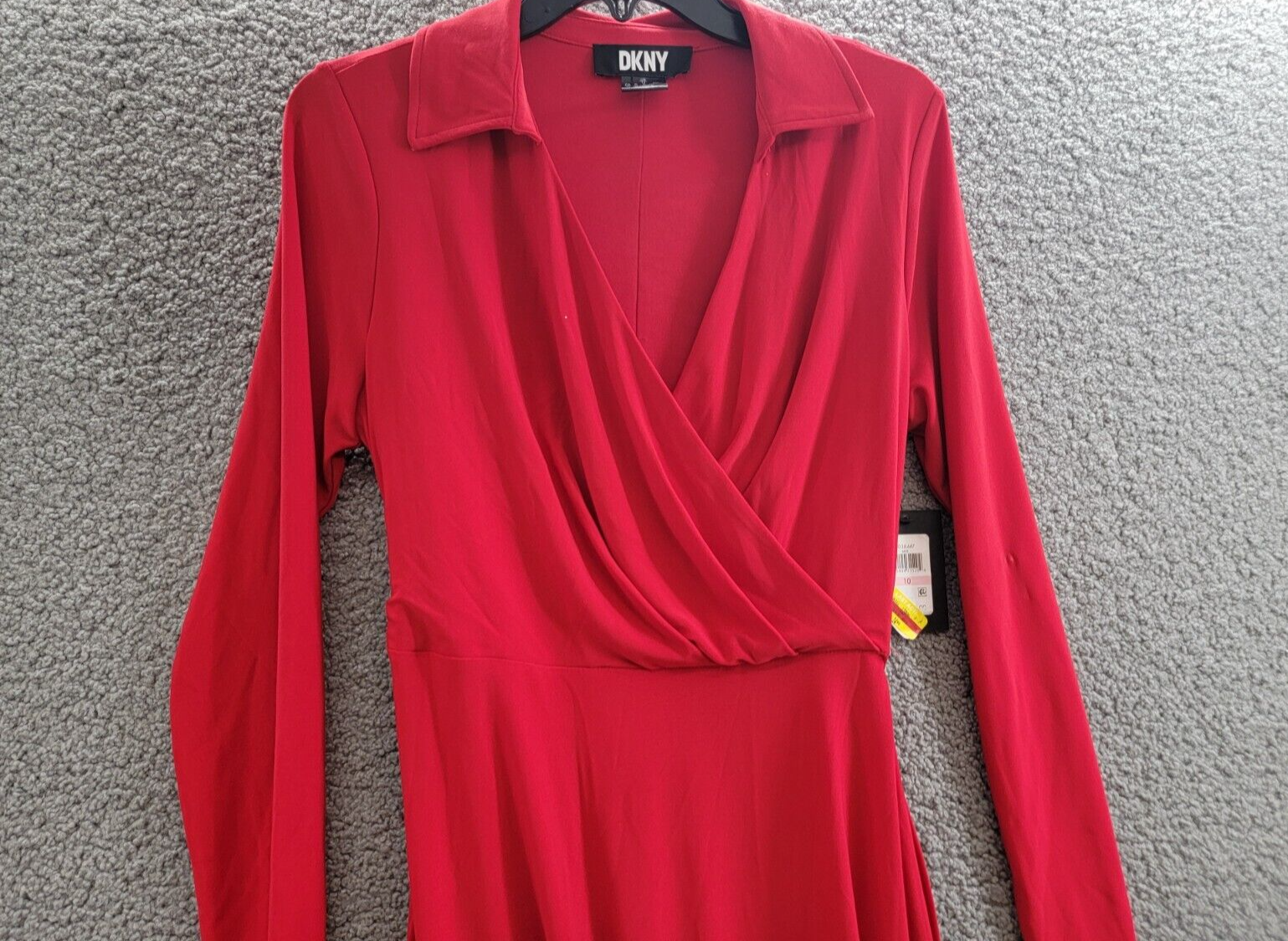 DKNY Long-Sleeve Belted Faux-Wrap Dress Women's 10 Scarlet Collared Zip Closure - Picture 3 of 17
