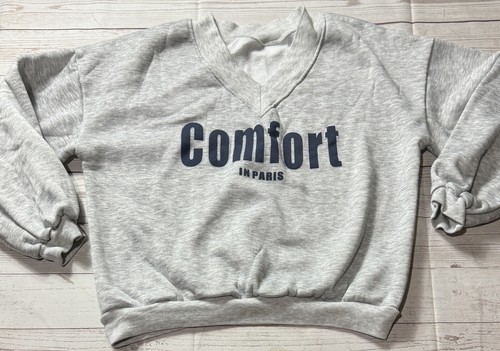 【MODERNIF】Saint Paris Overfit Sweatshirt Shien Curve Gray Graphic Print Comfort In Paris V-Neck