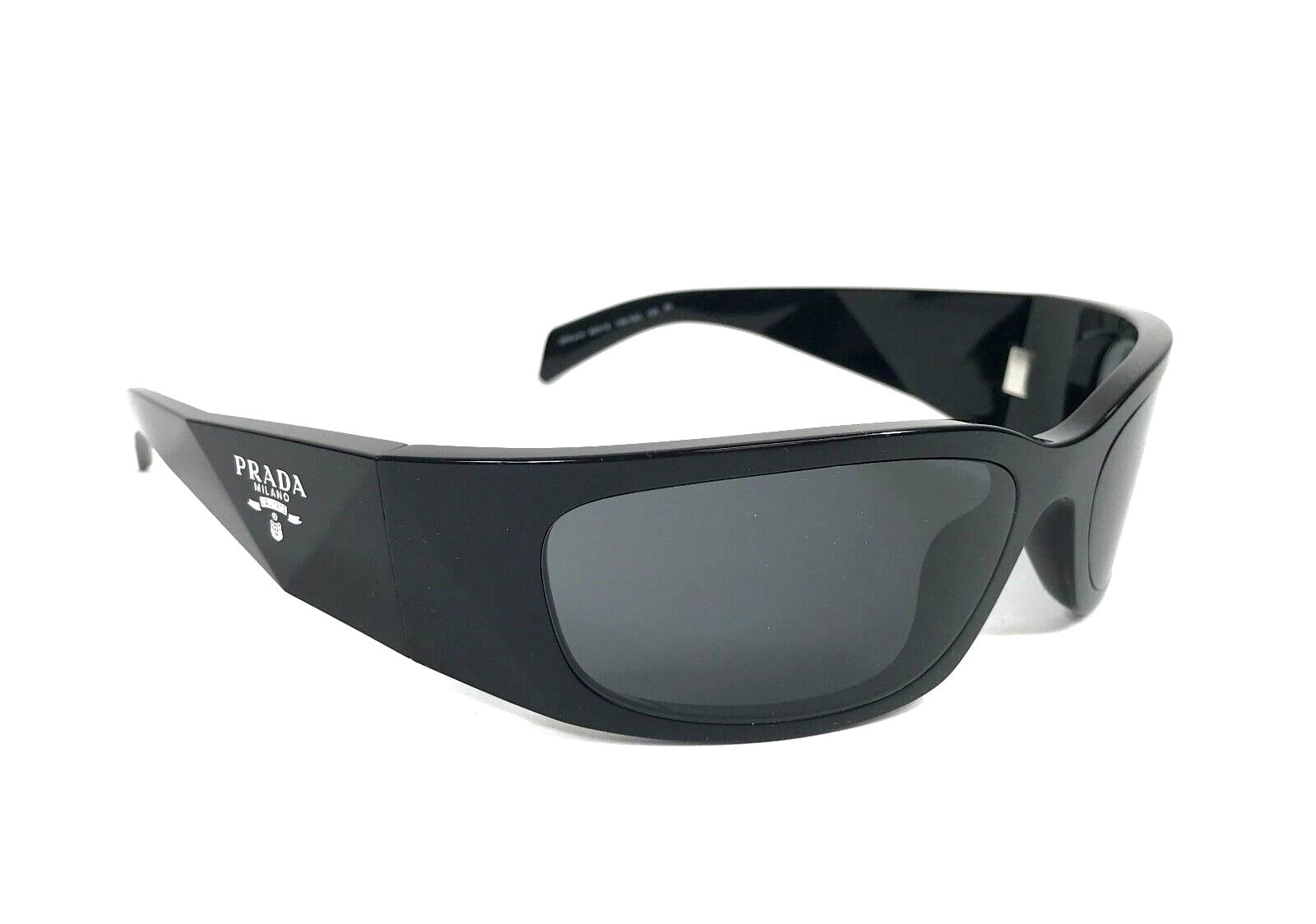 Pre-owned Prada Sunglasses Spra14 1ab-5s0 Polished Black Wrap With Black Lenses 60-18-120