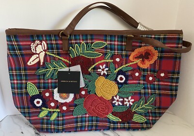 America & Beyond Bag Tote - Bead Embellished Floral Christmas Plaid Laptop NEW