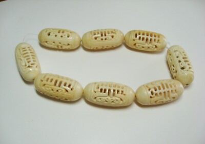 Large Ivory Colored Elaborate Carved Bone  Beads 14 Inch Strand 20 x 44mm Ovals