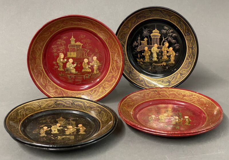 6 Vintage Chinese Red & Black Lacquer Wood Plate Set 6.5”