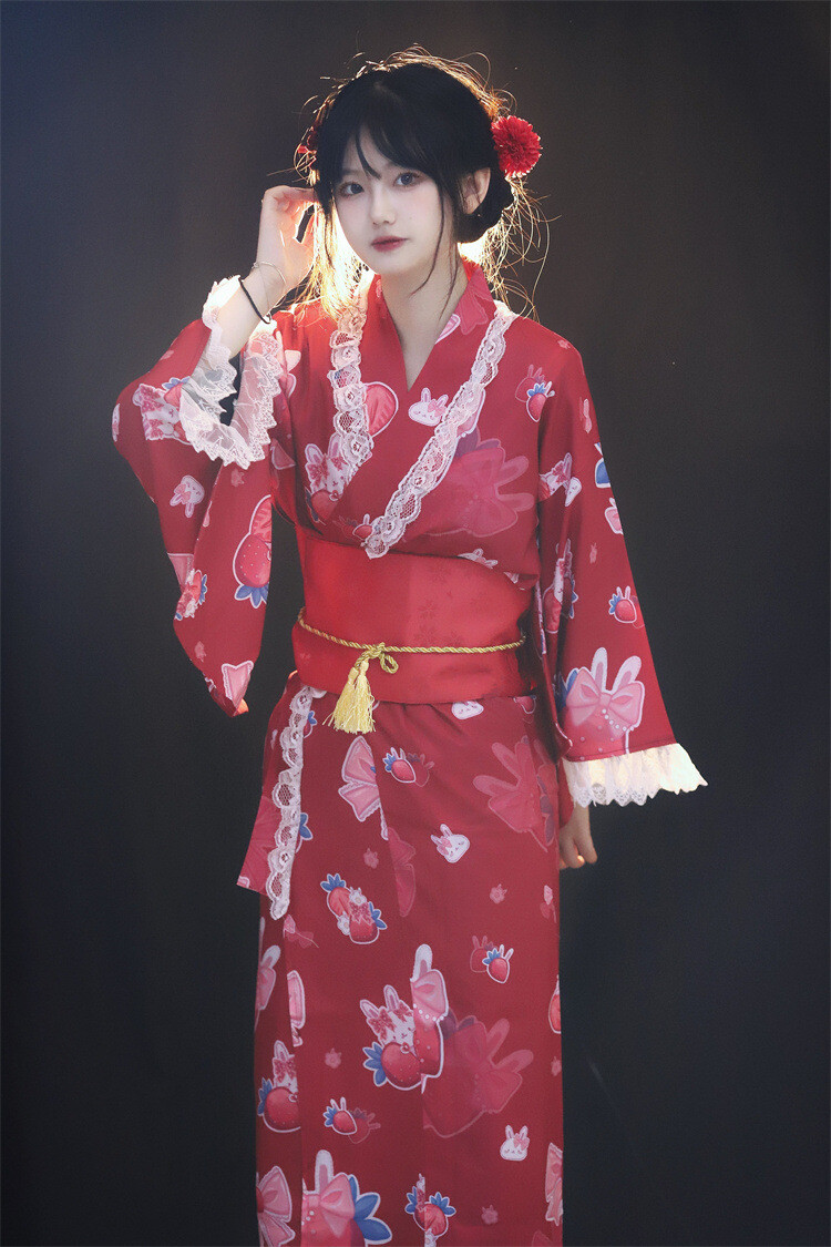 Strawberry Print Cute Women's Japanese Kimono Dress & Waist