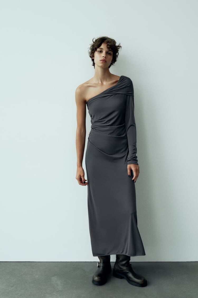 deres 9th drapingdress ネイビー サイズ1 ZARA NWT DRAPED ASYMMETRICAL DRESS SIZE XS | ANTHRACITE GRAY