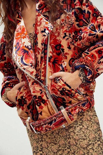 Pre-owned Free People Bailey Velvet Moto Jacket Size Xs $398 In Red Blue Gold Orange