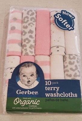 Gerber Baby Girls 10 Pack Organic Terry Washcloths NEW Adorable