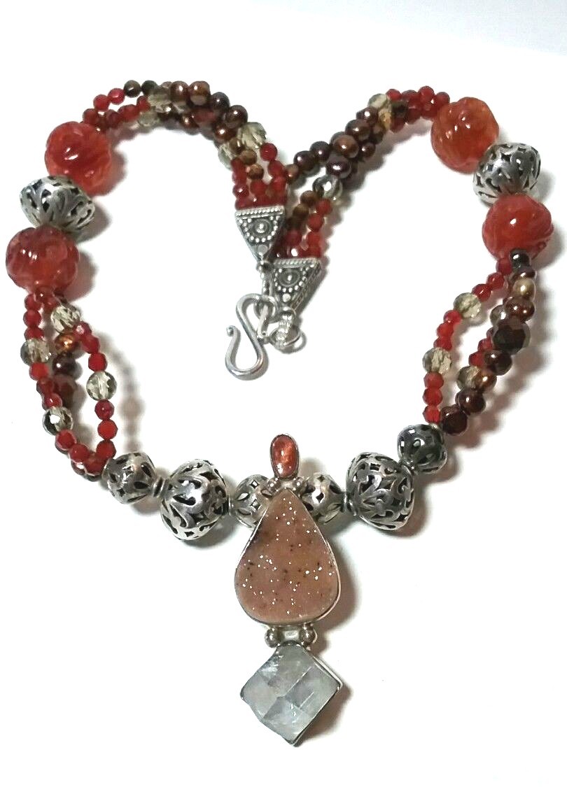 STERLING SILVER ARTISAN STUDIO DARLA NORDSTROM CARVED CARNELIAN DRUZY NECKLACE