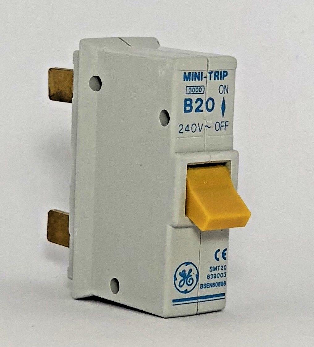 GE Plug In 20a 20 Amp MCB Type B20 Fuse Circuit Breaker Push In Mini