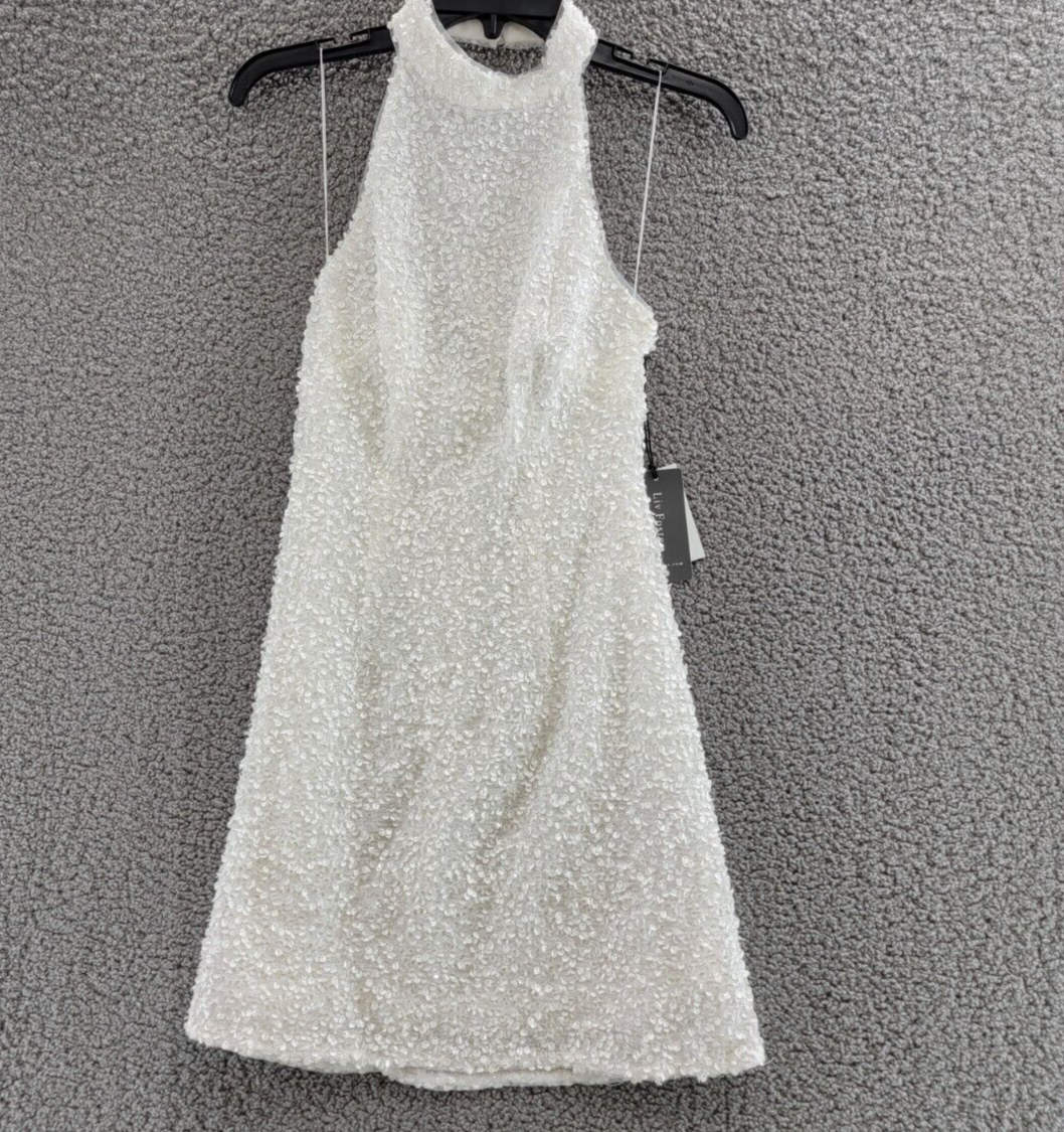 Liv Foster Sequin Halter Mini Dress Women's 0 Ivory Open Back Button Zip Closure - Picture 2 of 18