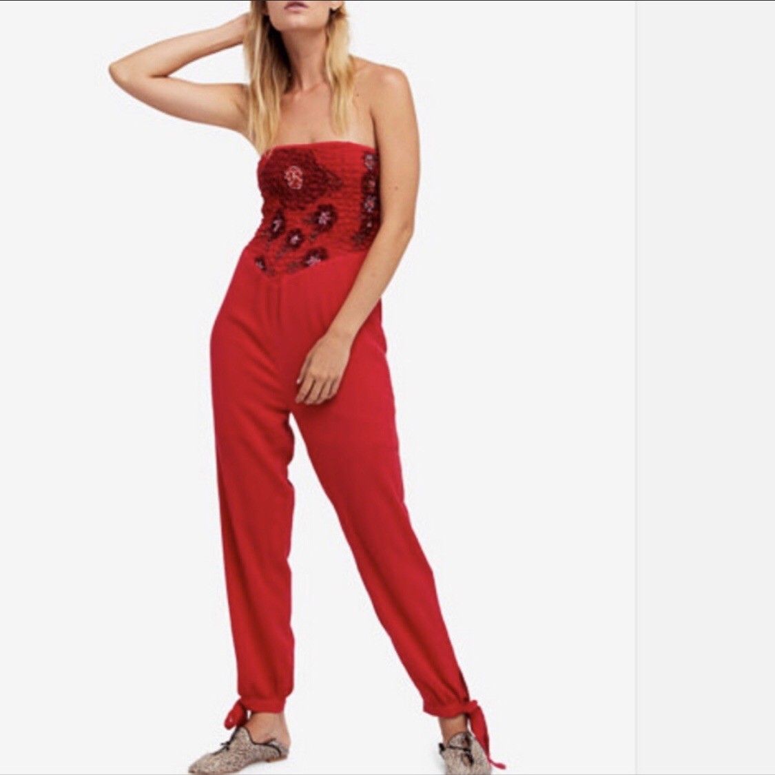 strapless smocked jumpsuit