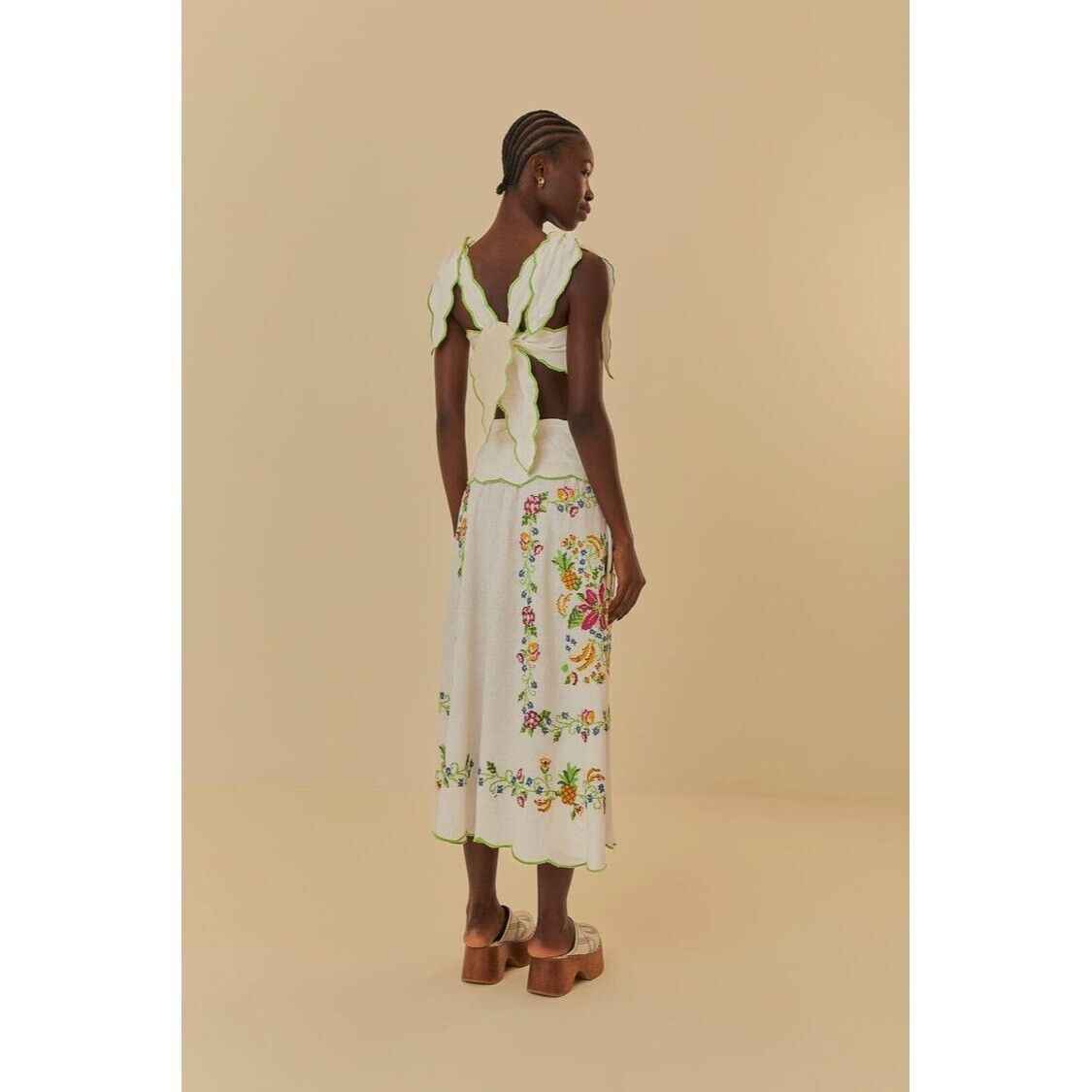 Pre-owned Farm Rio Maxi Dress Xl Tropical Romance Needlepoint Cut-out Linen White Floral