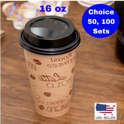 16 oz Disposable Paper Coffee Cafe Cups & Plastic Dome Lids with Hole BPA FREE
