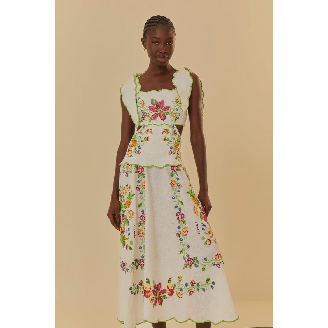 Pre-owned Farm Rio Maxi Dress Xl Tropical Romance Needlepoint Cut-out Linen White Floral