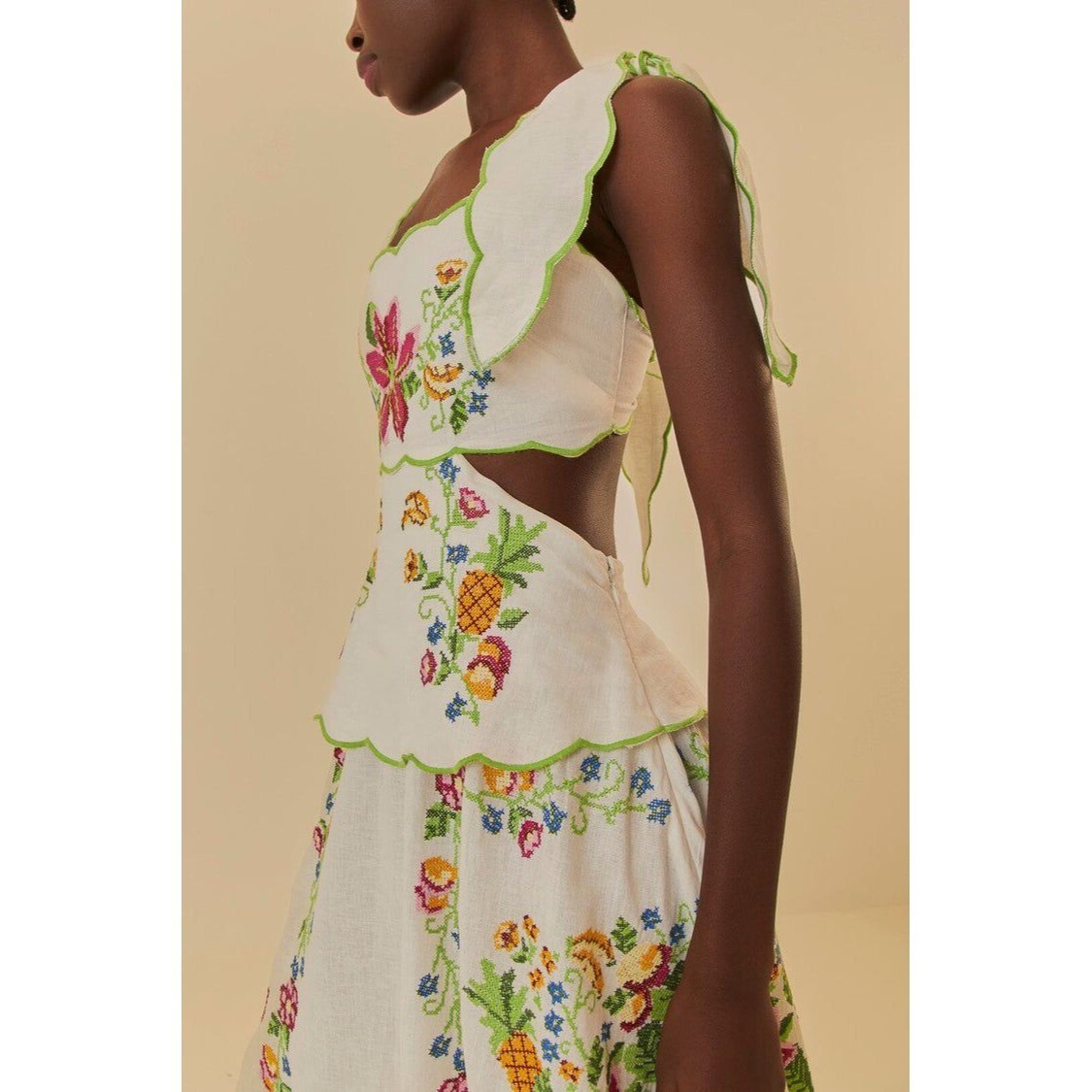 Pre-owned Farm Rio Maxi Dress Xl Tropical Romance Needlepoint Cut-out Linen White Floral