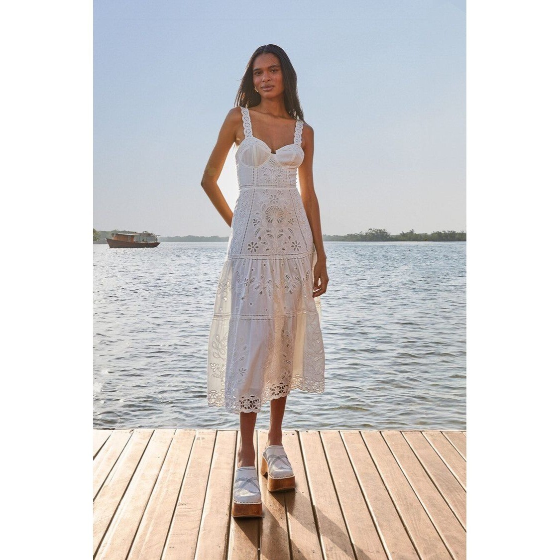 ワンピース FARM RIO Women Mid Skirts 337903 L0036 WHITE FARM Rio Midi Dress XL White Richillieu Broderie Anglaise