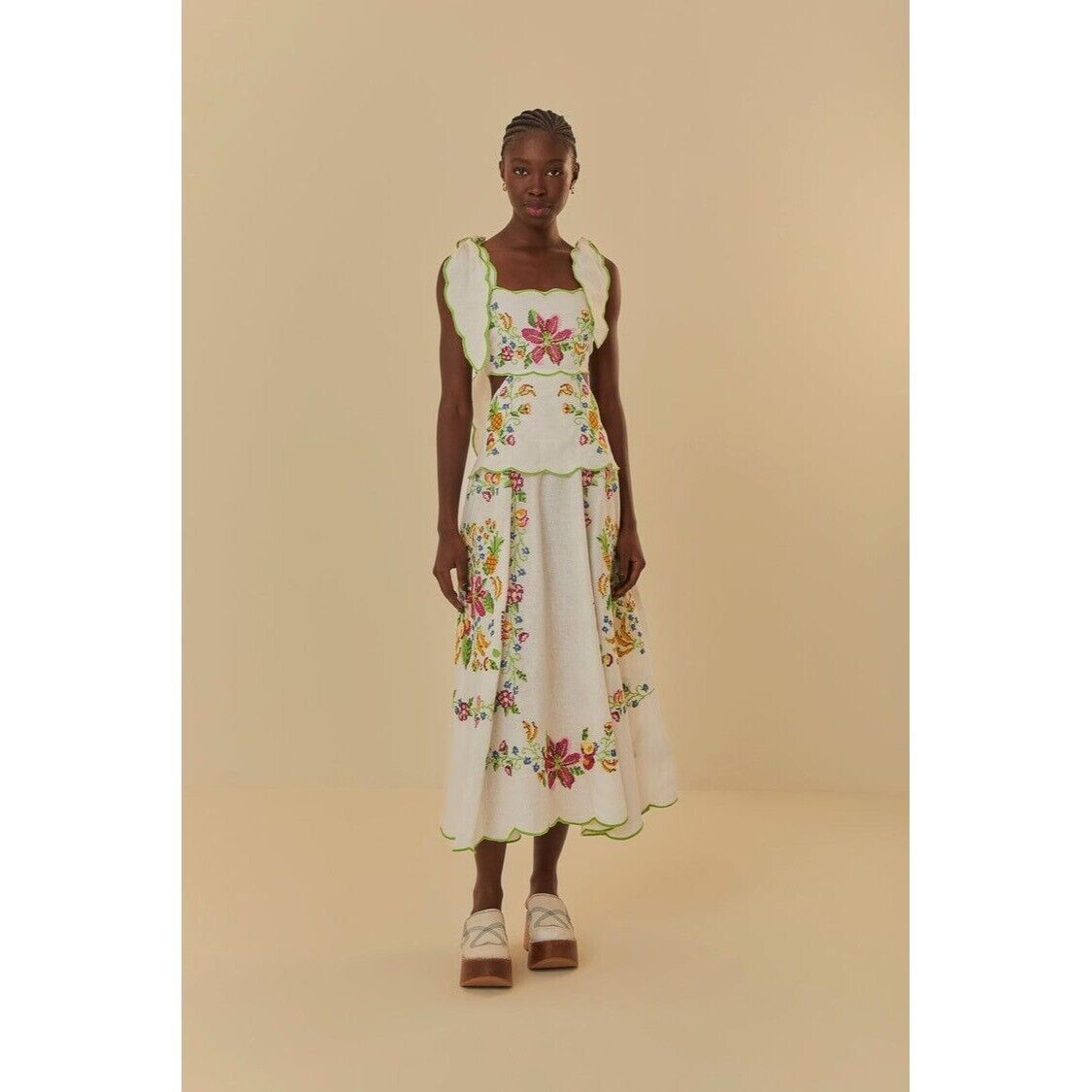 Pre-owned Farm Rio Maxi Dress Xl Tropical Romance Needlepoint Cut-out Linen White Floral