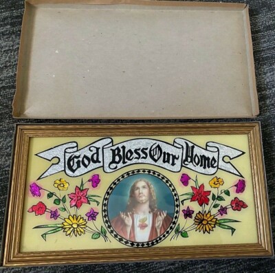 vintage God Bless Our Home plaque Texas souvenir mid century