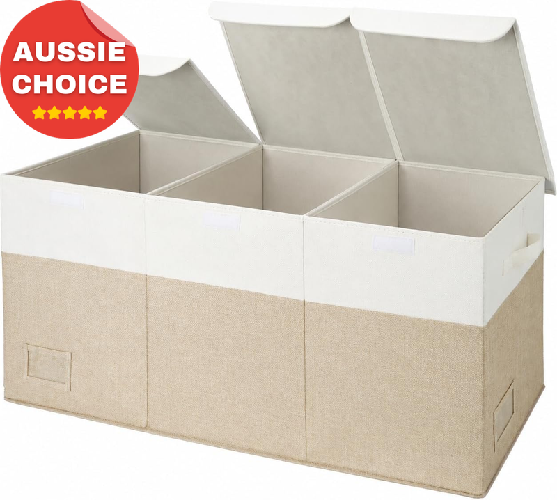 Extra Large Foldable Storage Box with Lid Handles Organizer White Khaki