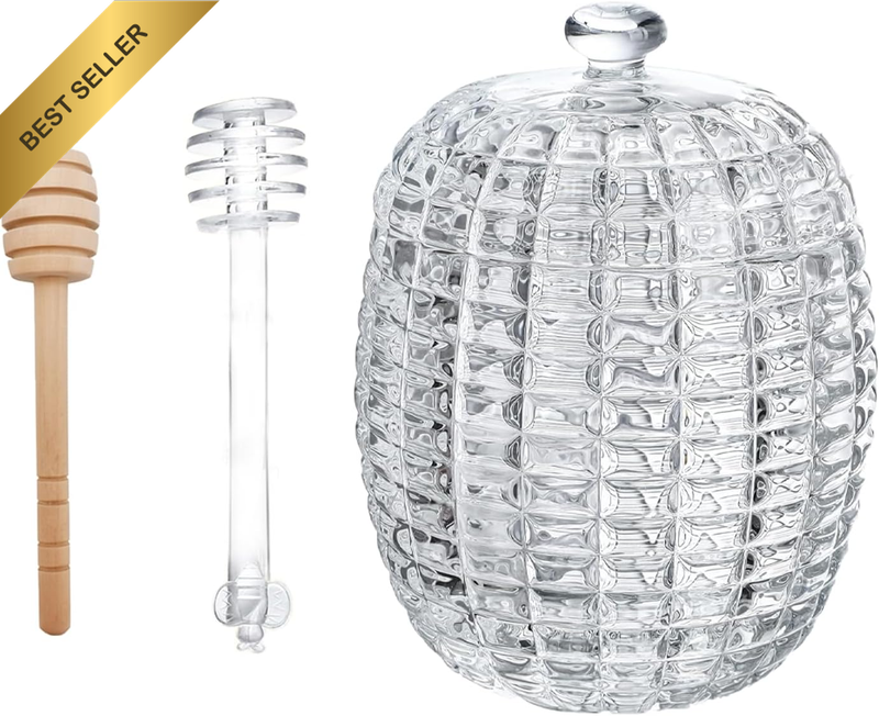 Glass Honey Jar Set with 2 Dippers – Beehive Design Dispenser Pot for Countertop