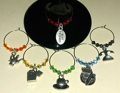 Set of 6 Crystal Silver Wine Glass Charms Drink Markers BEST FRIENDS Tea Party