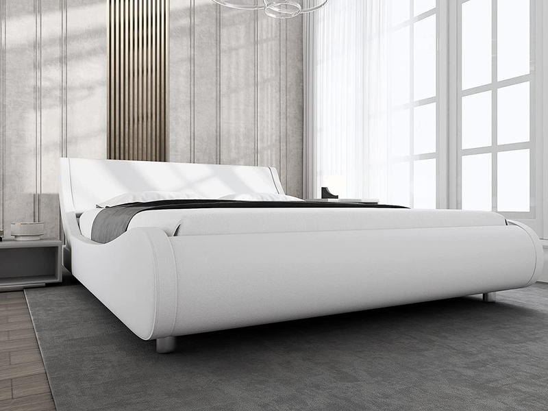 Modern Low Profile Sleigh Bed With Fau