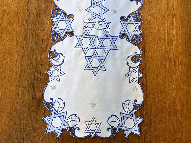 Holiday Star of David Purim Passover Jewish Table Runner Topper Blue Embroidered
