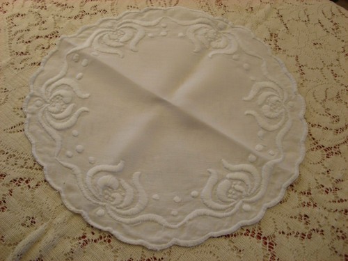 Antique Whitework Embroidery Centerpiece - Padded Satin Stitches - 18