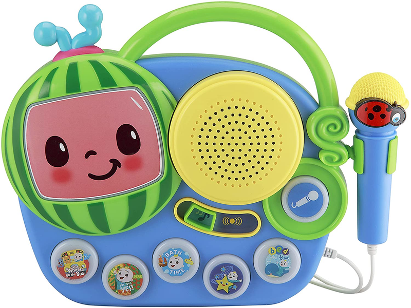 Ekids Auxiliary Cocomelon Toy Singalong Boombox with Microphone for Toddlers, Bu