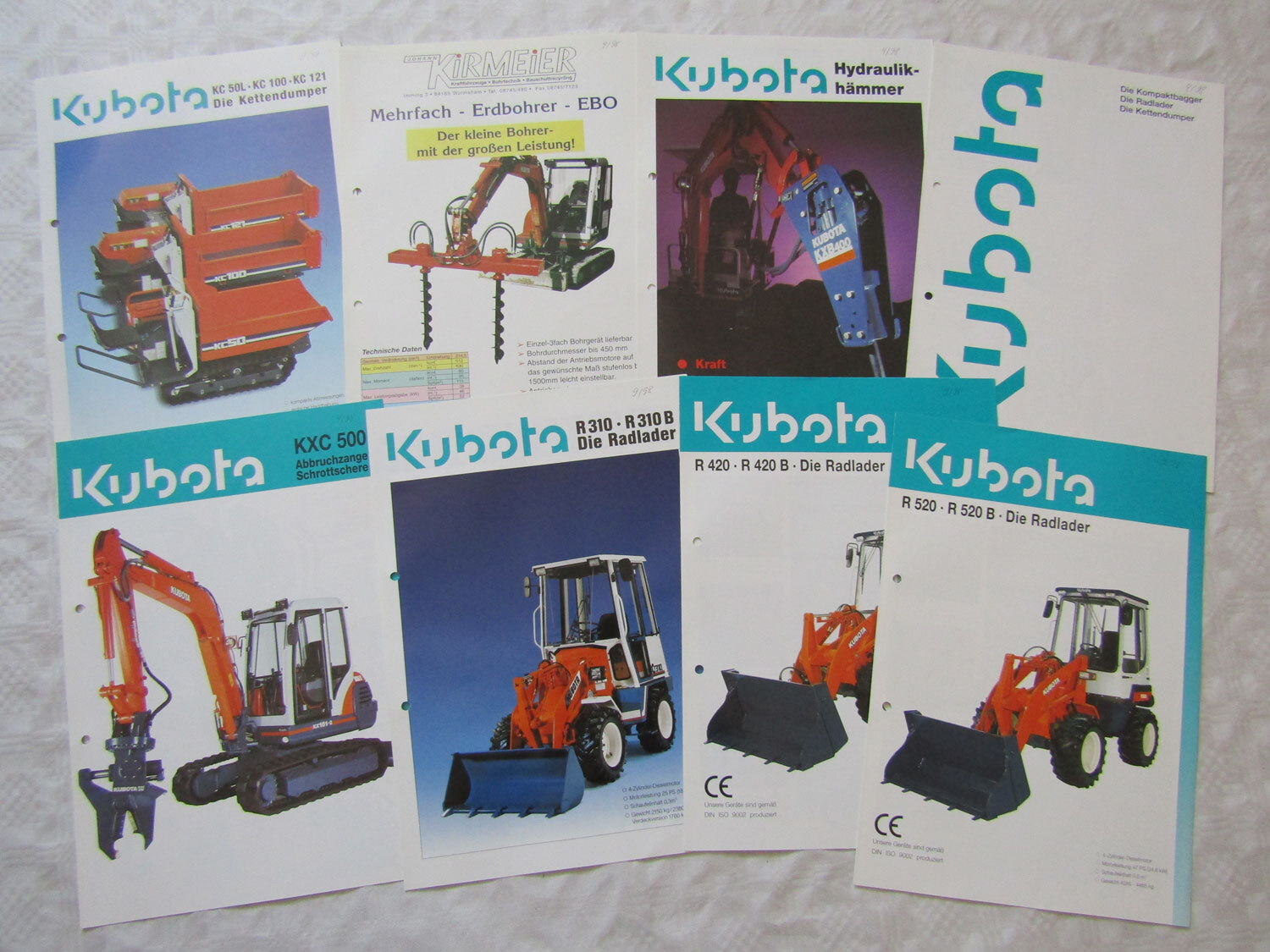 8 Prospekte Kubota Radlader Dumper Hydraulikhämmer Bagger 1997/98