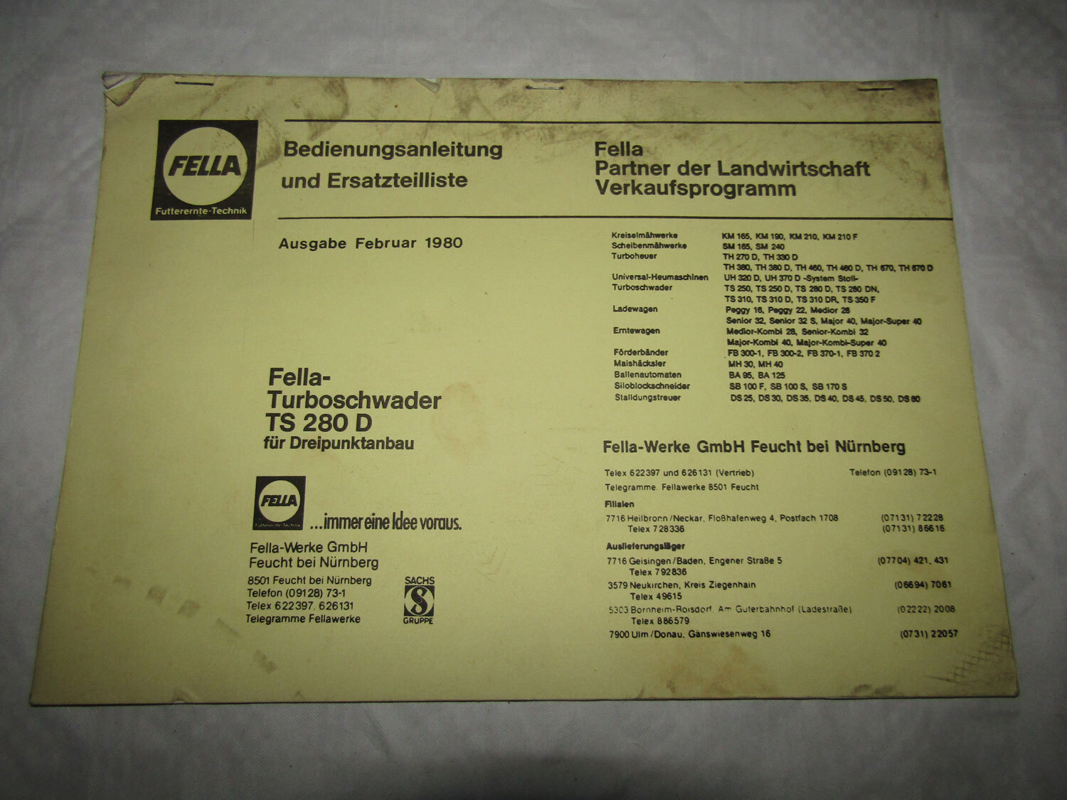 Fella TS280D Turboschwader Bedienungsanleitung Ersatzteilliste 2/1980