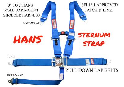 SFI 16.1 RACING HARNESS HANS LATCH & LINK 5 POINT SEAT WITH STERNUM STRAP BLUE
